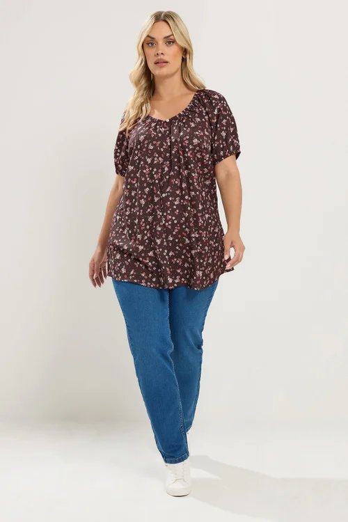 Yours Curve Chocolate Brown Floral Blouse - 18 Image 2