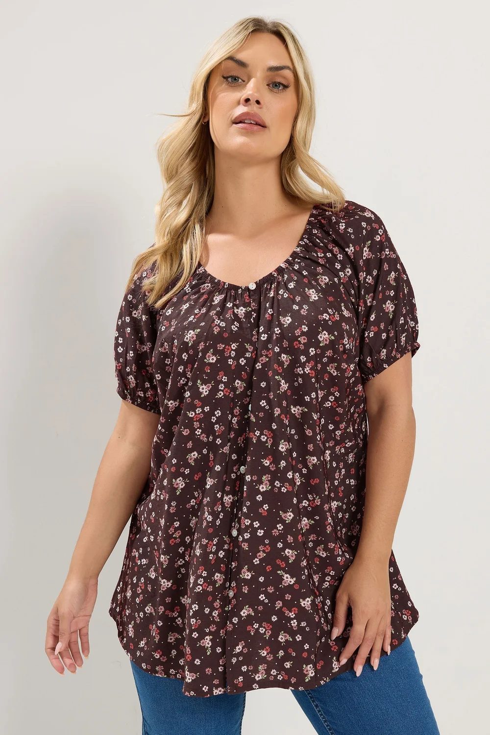 Yours Curve Chocolate Brown Floral Blouse - 18 Image 1
