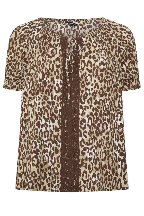 Yours Curve Brown Leopard Crochet Tie Front Top - 22-24 Image 5