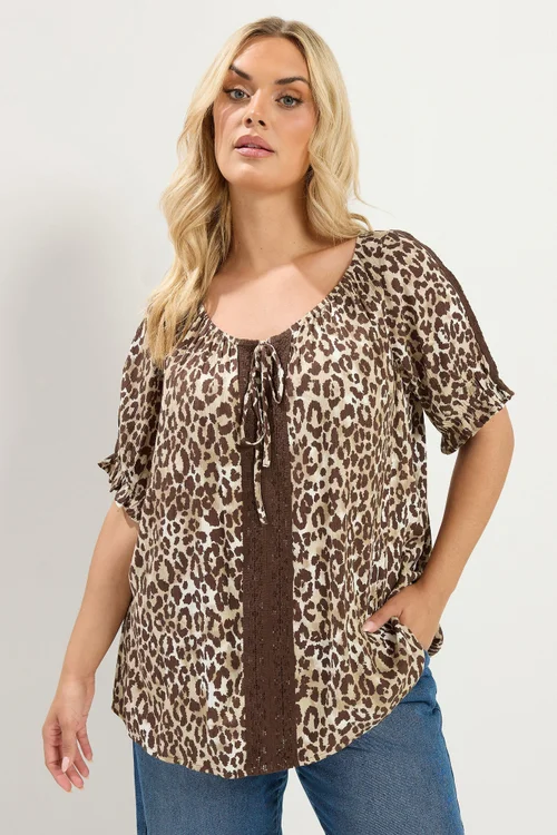 Yours Curve Brown Leopard Crochet Tie Front Top - 22-24 Image 1