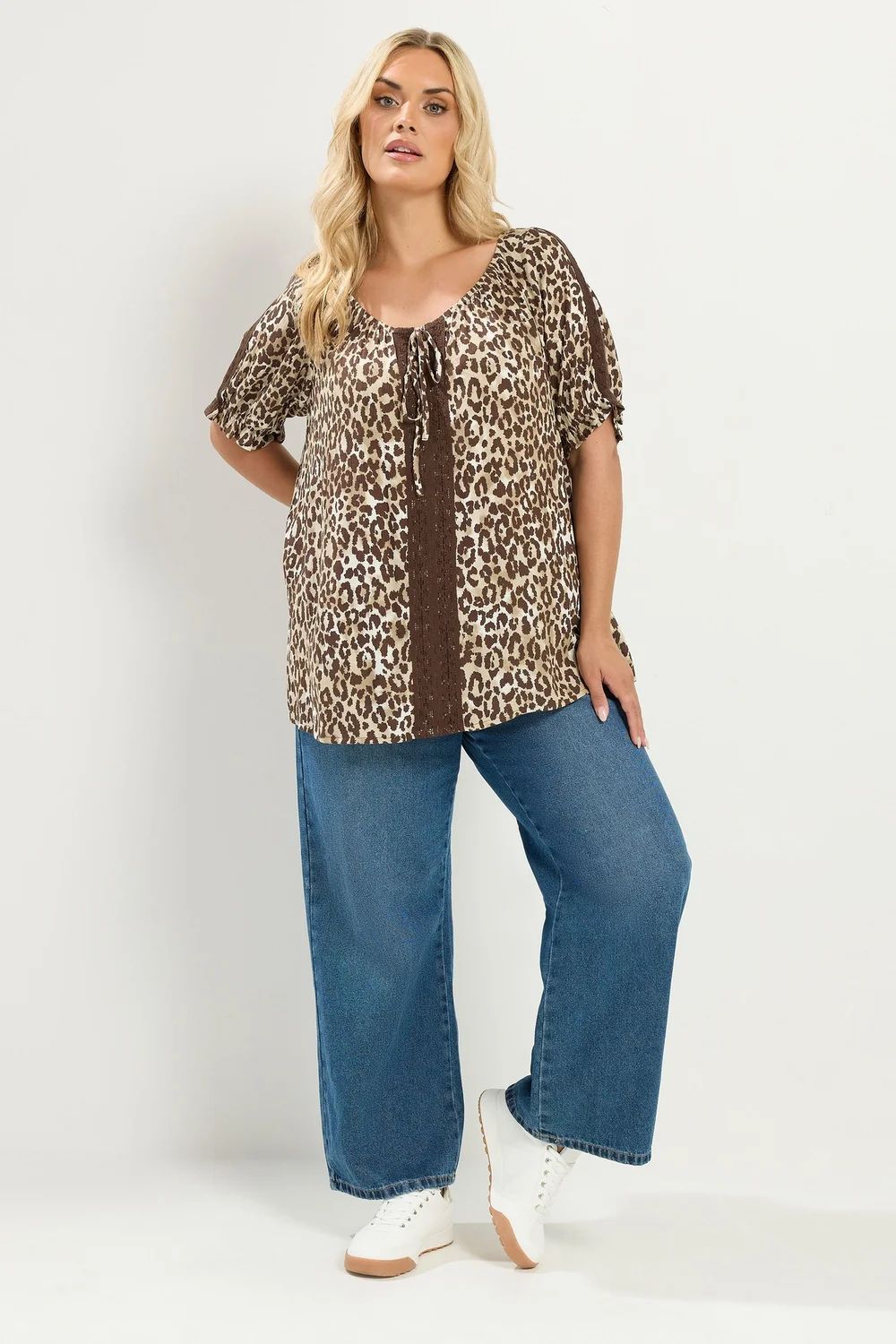 Yours Curve Brown Leopard Crochet Tie Front Top - 22-24 Image 2