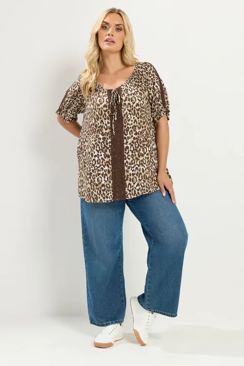 Yours Curve Brown Leopard Crochet Tie Front Top - 22-24 Image 2