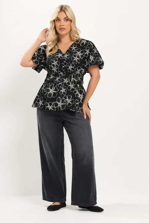 Yours Curve Black Floral Print Puff Sleeve Blouse - 34-36 Image 2