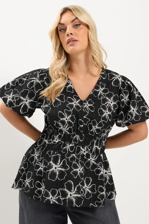 Yours Curve Black Floral Print Puff Sleeve Blouse - 34-36 Image 1