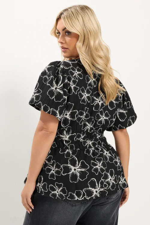 Yours Curve Black Floral Print Puff Sleeve Blouse - 34-36 Image 3