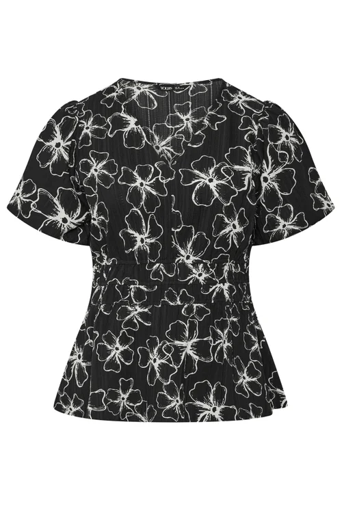Yours Curve Black Floral Print Puff Sleeve Blouse - 34-36 Image 5