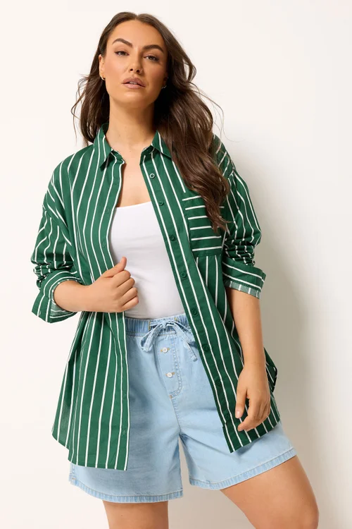 Yours Curve Dark Green & White Striped Shirt - 20 Image 1