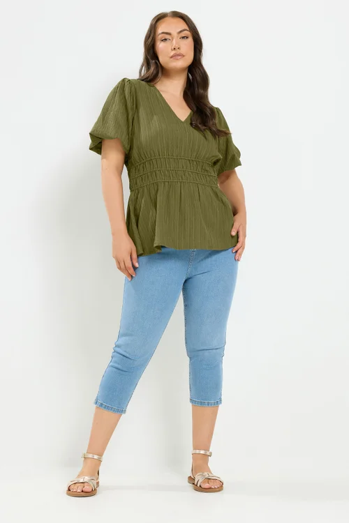 Yours Curve Khaki Green Puff Sleeve Blouse - 14 Image 2