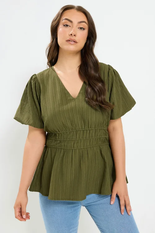 Yours Curve Khaki Green Puff Sleeve Blouse - 14 Image 1