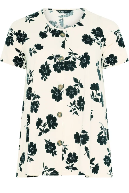 Yours Curve Cream Floral Button Front Ribbed Swing Top - 16 Image 5
