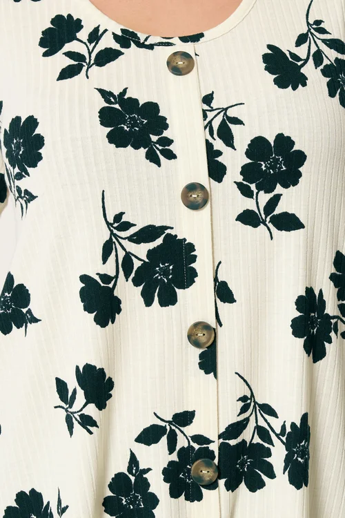 Yours Curve Cream Floral Button Front Ribbed Swing Top - 16 Image 4