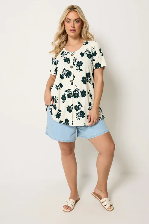 Yours Curve Cream Floral Button Front Ribbed Swing Top - 16 Image 2