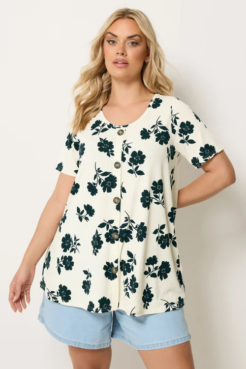 Yours Curve Cream Floral Button Front Ribbed Swing Top - 16 Image 1