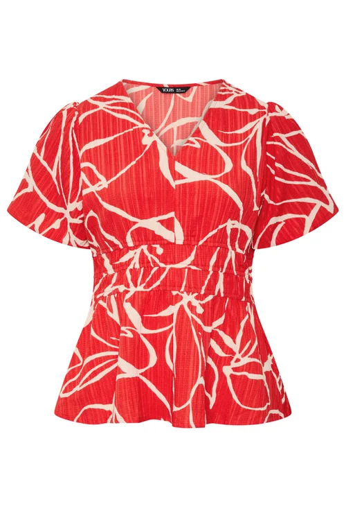 Yours Curve Red Floral Print Puff Sleeve Top - 26-28 Image 5