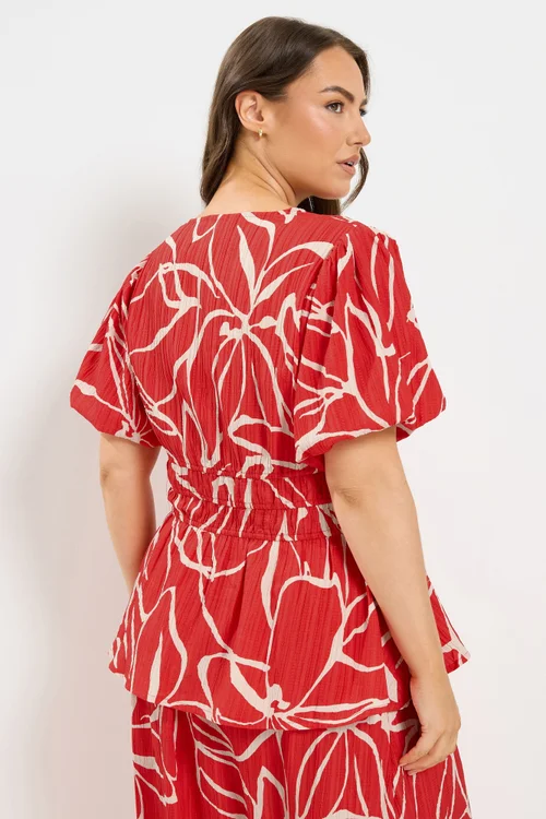Yours Curve Red Floral Print Puff Sleeve Top - 26-28 Image 3