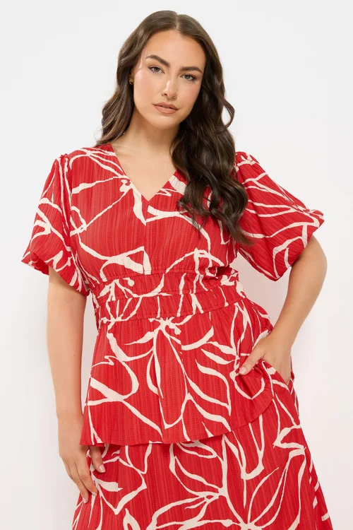 Yours Curve Red Floral Print Puff Sleeve Top - 26-28 Image 1