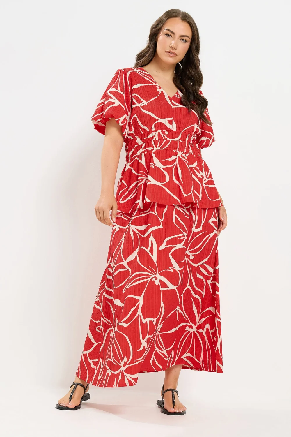 Yours Curve Red Floral Print Puff Sleeve Top - 26-28 Image 2