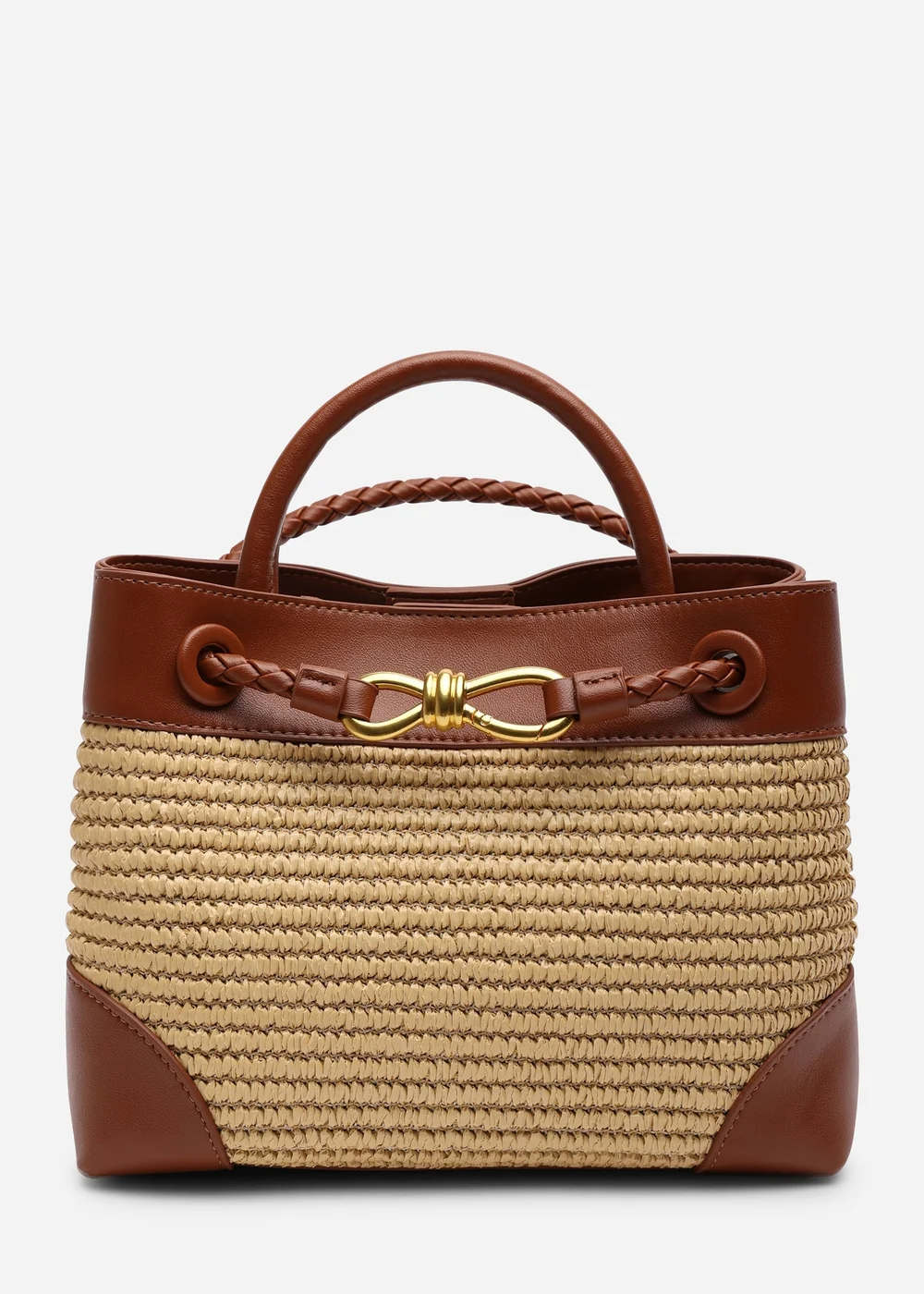 Where's That From Luna Raffia Tan Woven Tote Bag with Gold Detail - One Size Image 1