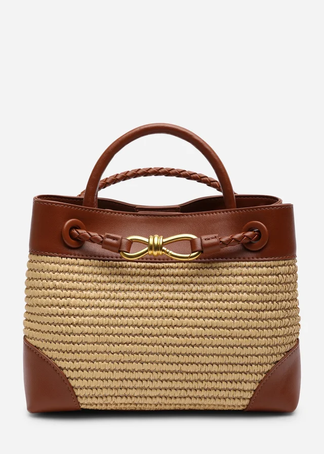 Where's That From Luna Raffia Tan Woven Tote Bag with Gold Detail