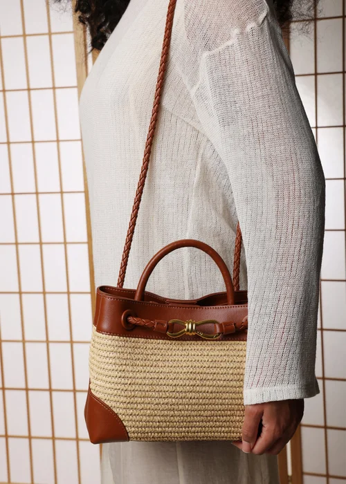 Where's That From Luna Raffia Tan Woven Tote Bag with Gold Detail - One Size Image 6