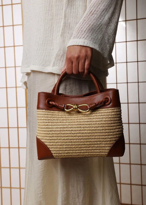 Where's That From Luna Raffia Tan Woven Tote Bag with Gold Detail - One Size Image 2