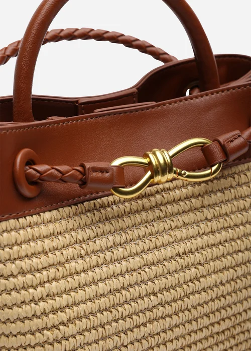Where's That From Luna Raffia Tan Woven Tote Bag with Gold Detail - One Size Image 4