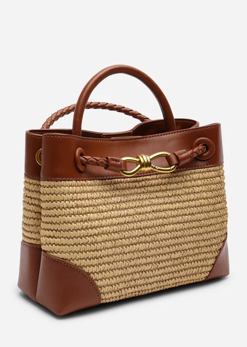 Where's That From Luna Raffia Tan Woven Tote Bag with Gold Detail - One Size Image 3