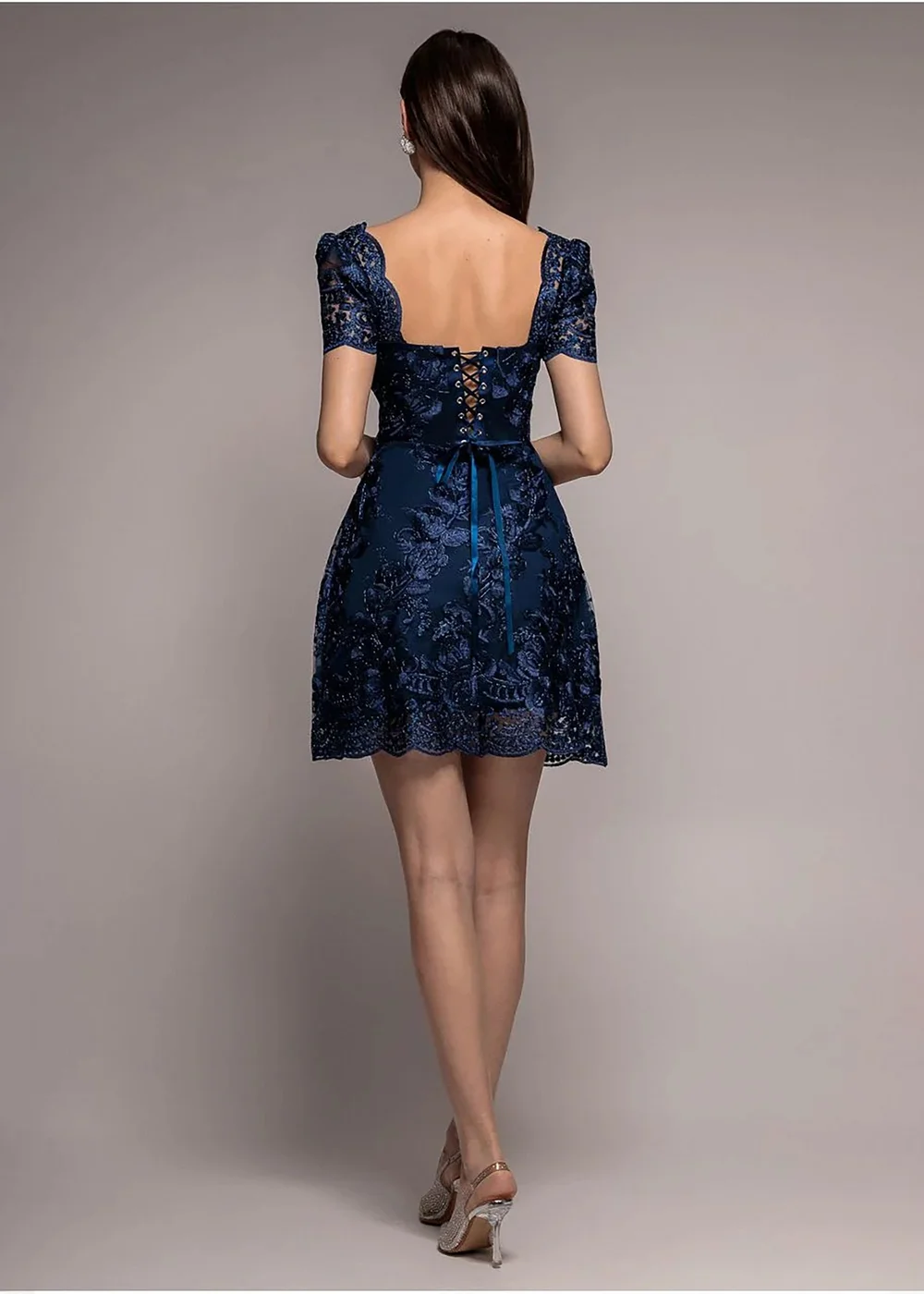 Goddiva Navy Scallop Edge Corset Back Structured Lace Mini Dress - 16 Image 2