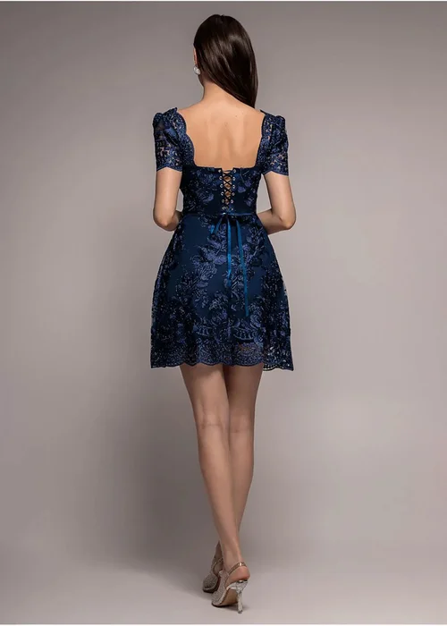 Goddiva Navy Scallop Edge Corset Back Structured Lace Mini Dress - 16 Image 2