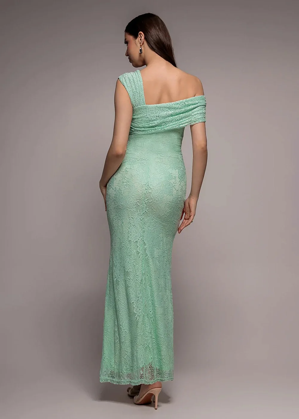 Goddiva Mint One Shoulder Pleated Bardot Lace Maxi Dress - 10 Image 2
