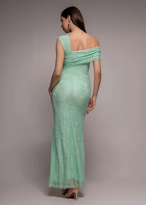 Goddiva Mint One Shoulder Pleated Bardot Lace Maxi Dress - 10 Image 2