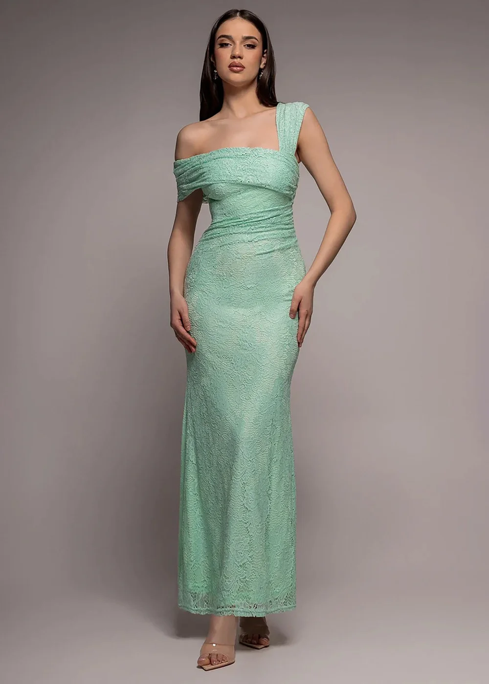 Goddiva Mint One Shoulder Pleated Bardot Lace Maxi Dress - 10 Image 1