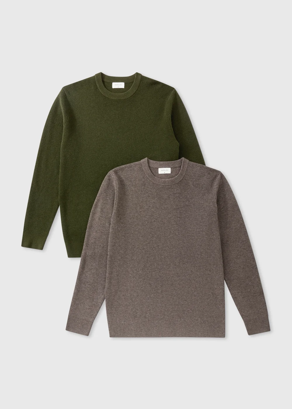 2 Pack Khaki/Brown Ribbed Crewe Neck Jumpers - S Image 1