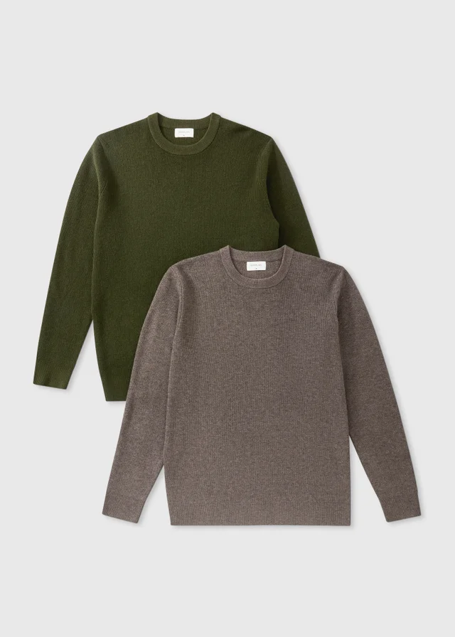 2 Pack Khaki/Brown Ribbed Crewe Neck Jumpers