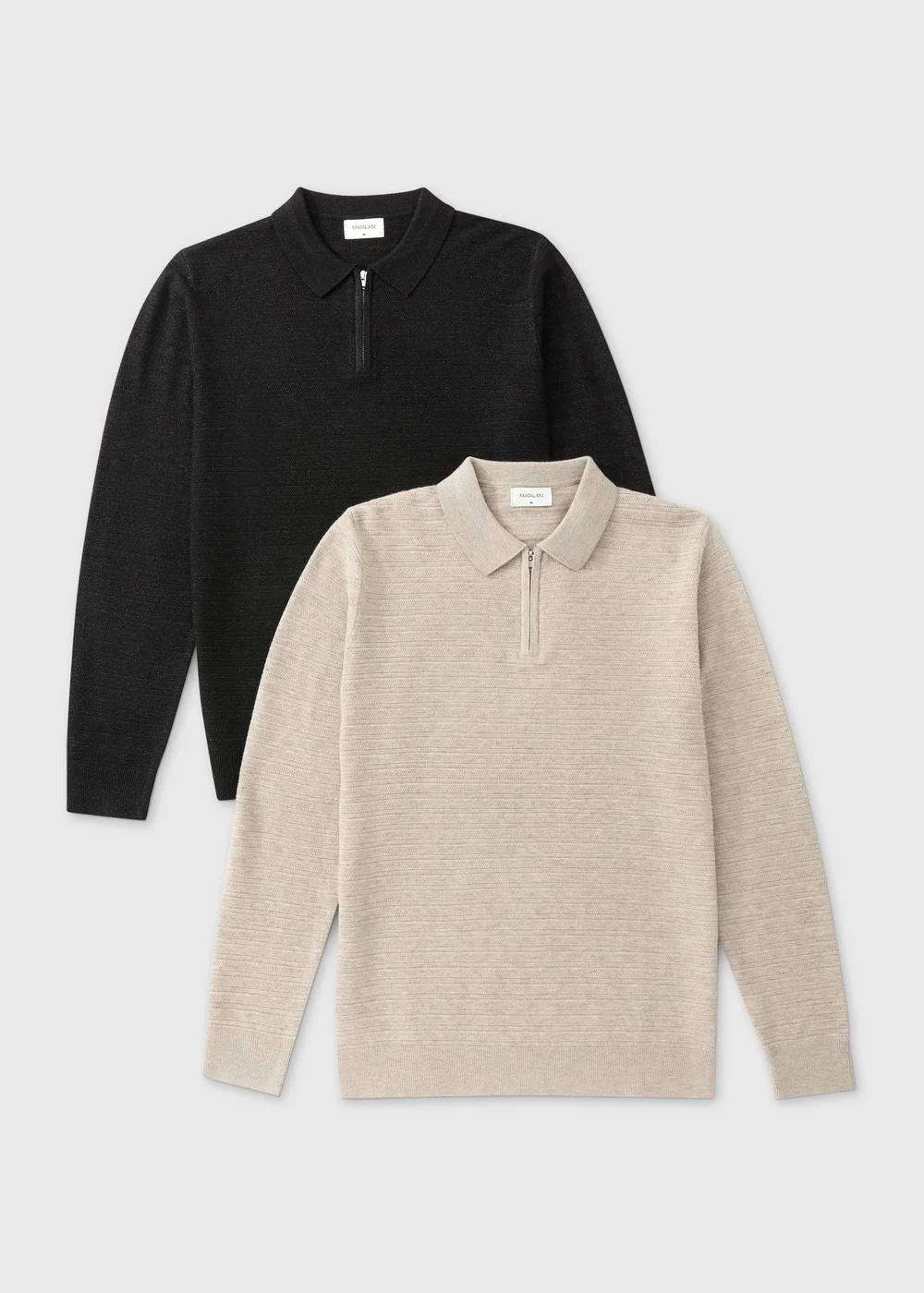 2 Pack Ecru/Charcoal Ribbed Polo Shirt - Small Image 1
