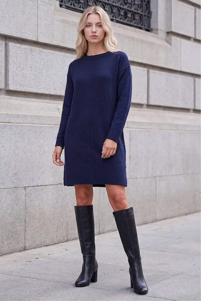 Roman Navy Petite Knitted Pintuck Shift Dress