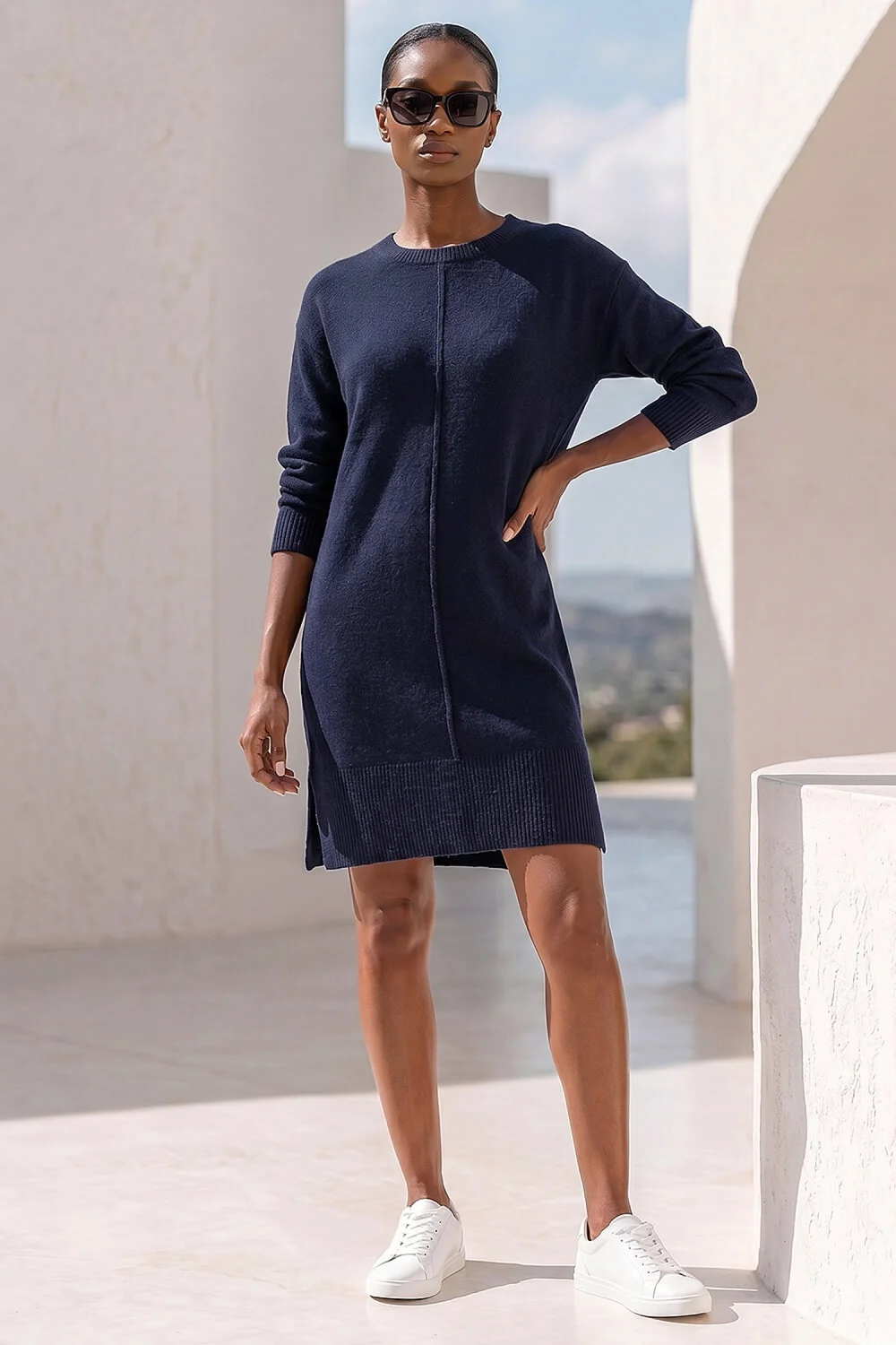 Roman Navy Petite Knitted Pintuck Shift Dress - 10 Image 3