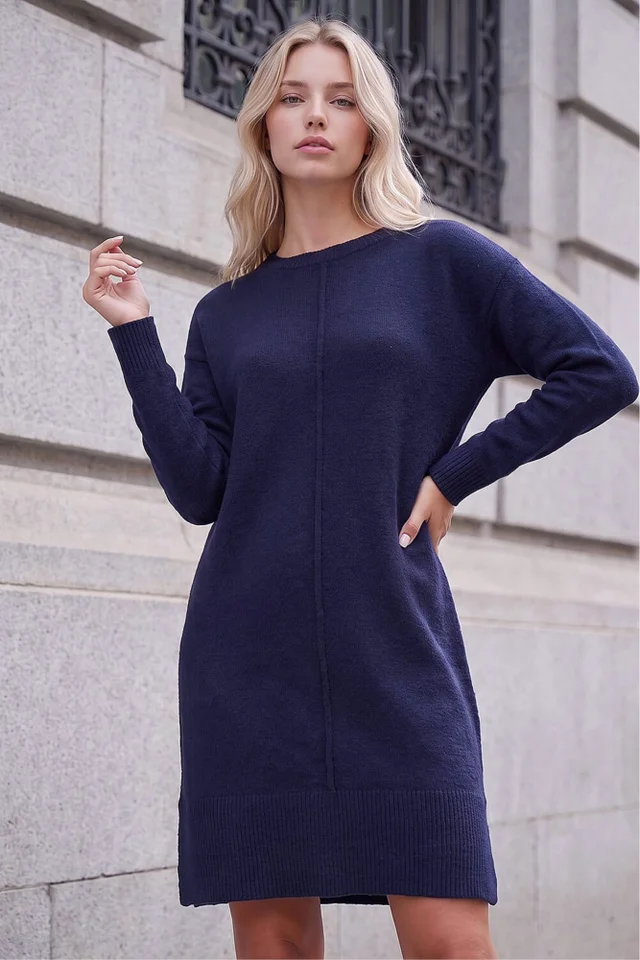 Roman Navy Petite Knitted Pintuck Shift Dress