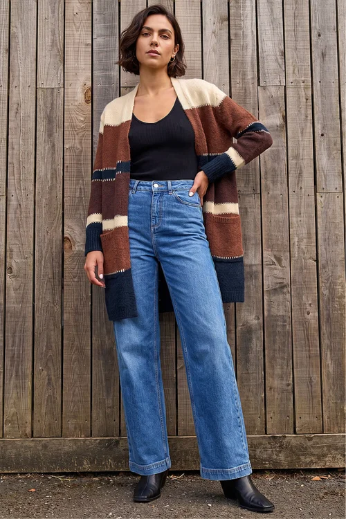 Roman Brown Colour Block Longline Knit Cardigan - 16 Image 3