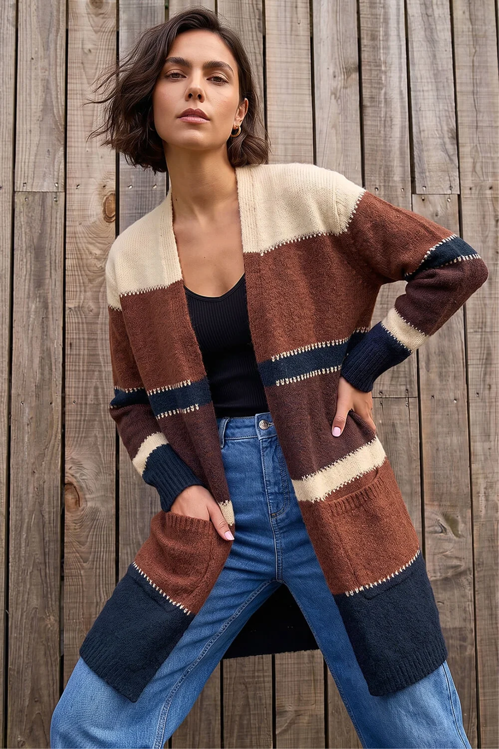 Roman Brown Colour Block Longline Knit Cardigan - 16 Image 1