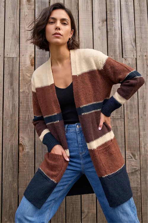 Roman Brown Colour Block Longline Knit Cardigan - 16 Image 1