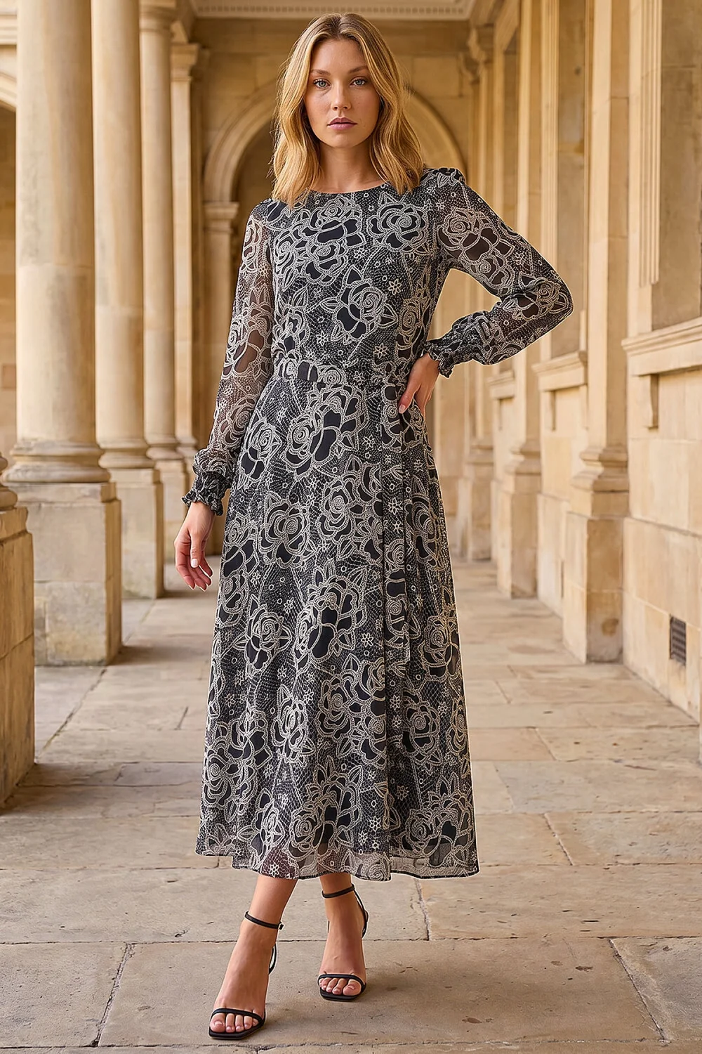 Roman Black Floral Rose Midi Dress - 10 Image 1