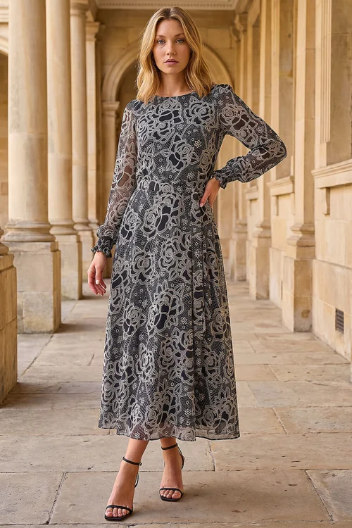 Roman Black Floral Rose Midi Dress - 10 Image 1