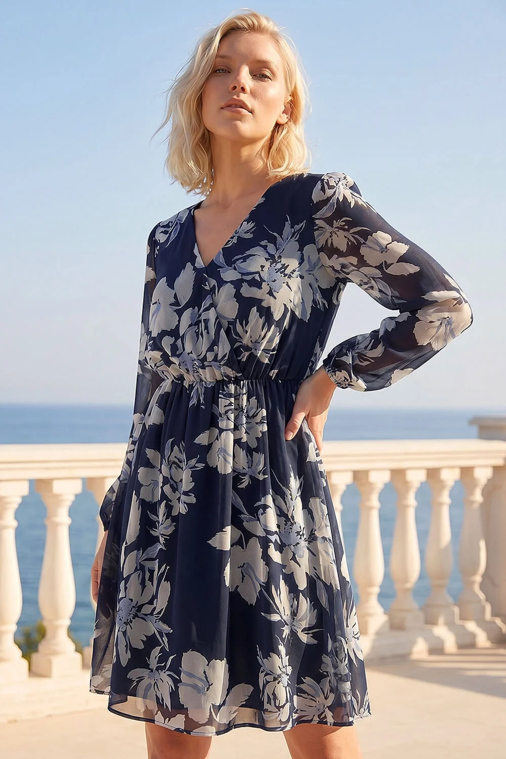 Roman Navy Petite Floral Wrap Dress - 10 Image 1