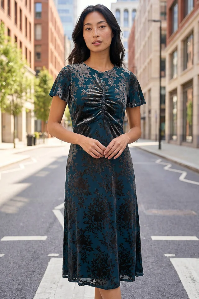 Roman Teal Petite Devore Midi Dress