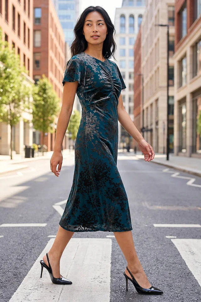 Roman Teal Petite Devore Midi Dress