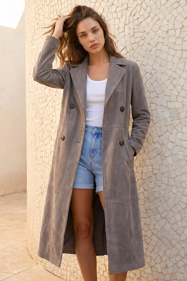 Roman Taupe Petite Faux Suede Trench Coat