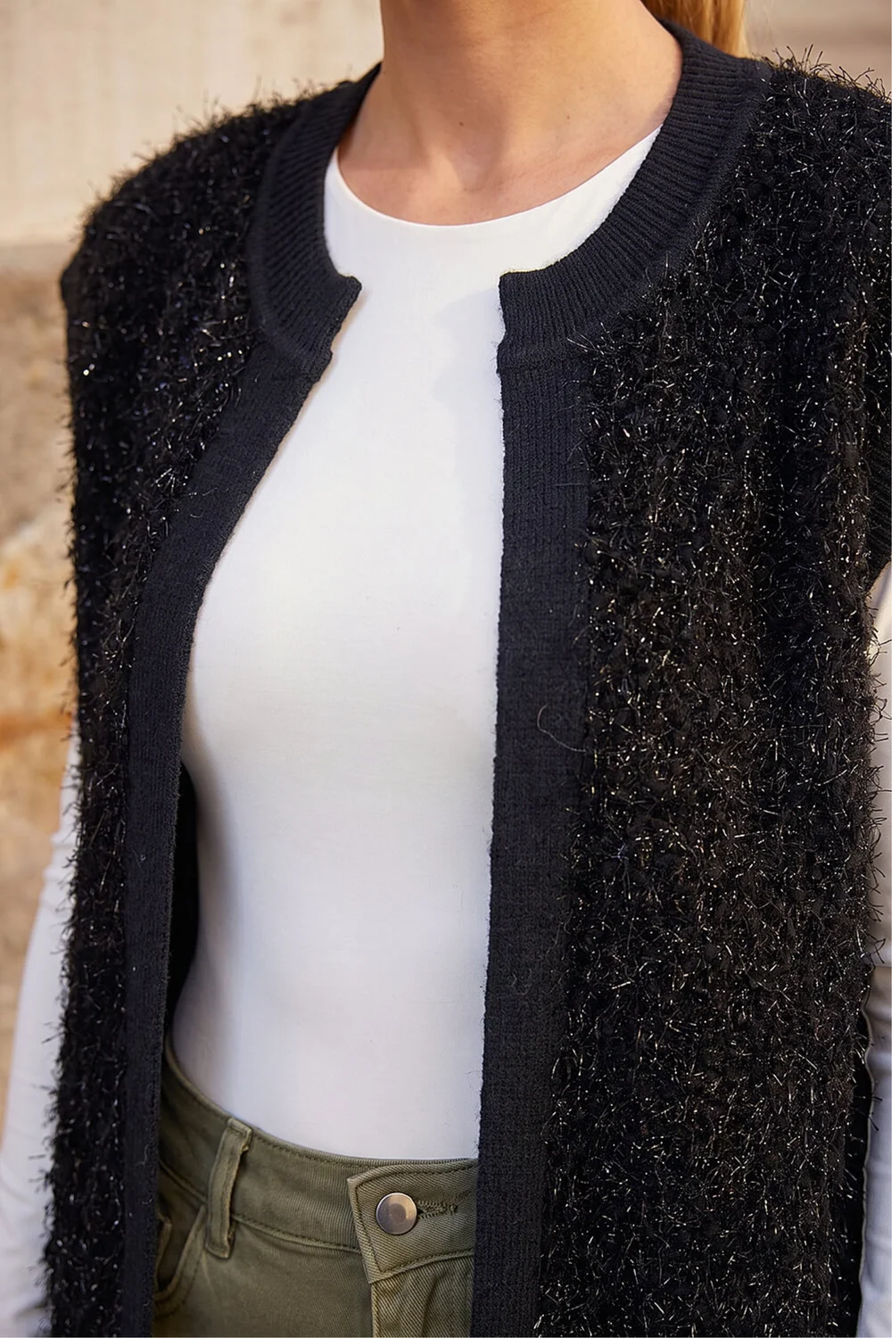Roman Black Fluffy Shimmer Knit Waistcoat - S Image 4