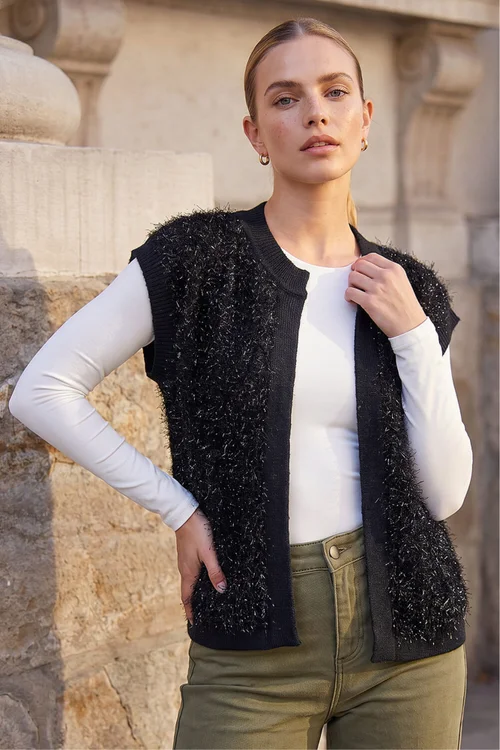 Roman Black Fluffy Shimmer Knit Waistcoat - S Image 1