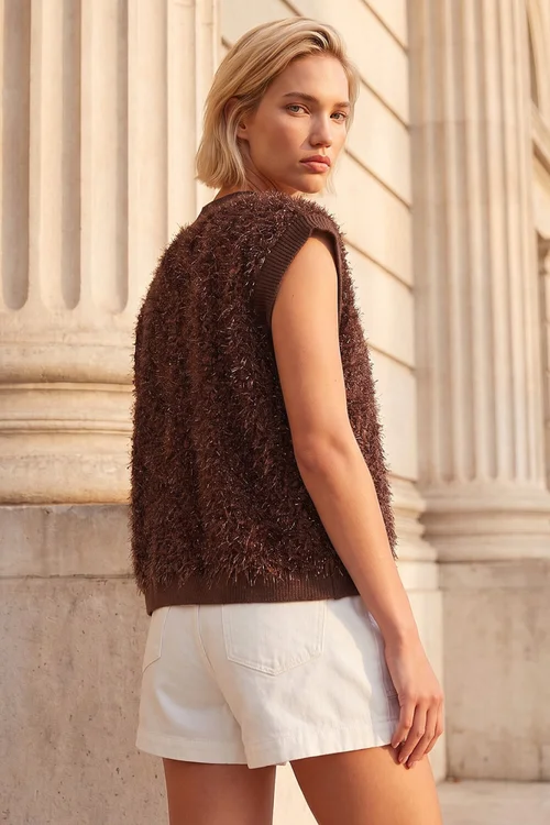 Roman Chocolate Fluffy Shimmer Knit Waistcoat - L Image 3